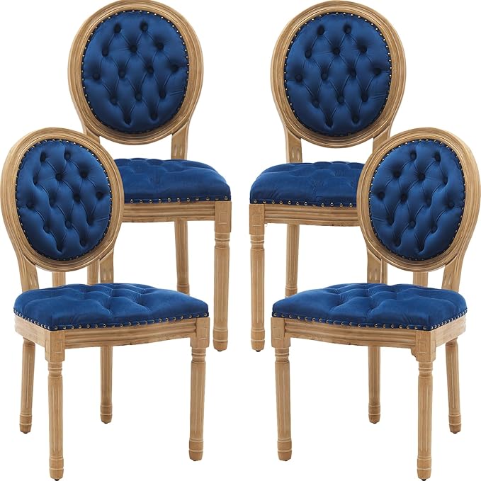 French Country Dining Chairs Set of 4, Blue Velvet Upholstered Dining Chairs, Tufted Back, Solid Wood Legs, Farmhouse Kitchen & Dining Room Chairs, Sillas De Comedor (Blue, 4Pcs)