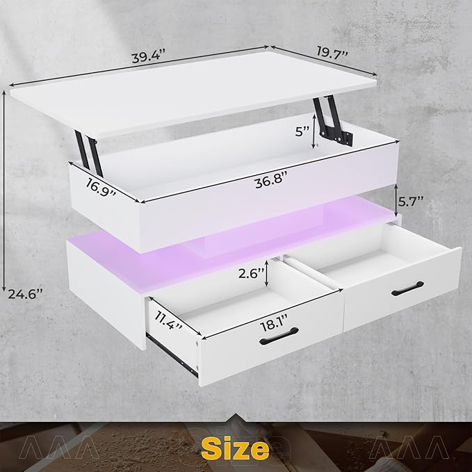 SEDETA 40" Lift Top Coffee Table, Coffee Tables with Storage for Living Room, Small Coffee Table with 2 Drawers & LED Light for Dining Reception Room, White