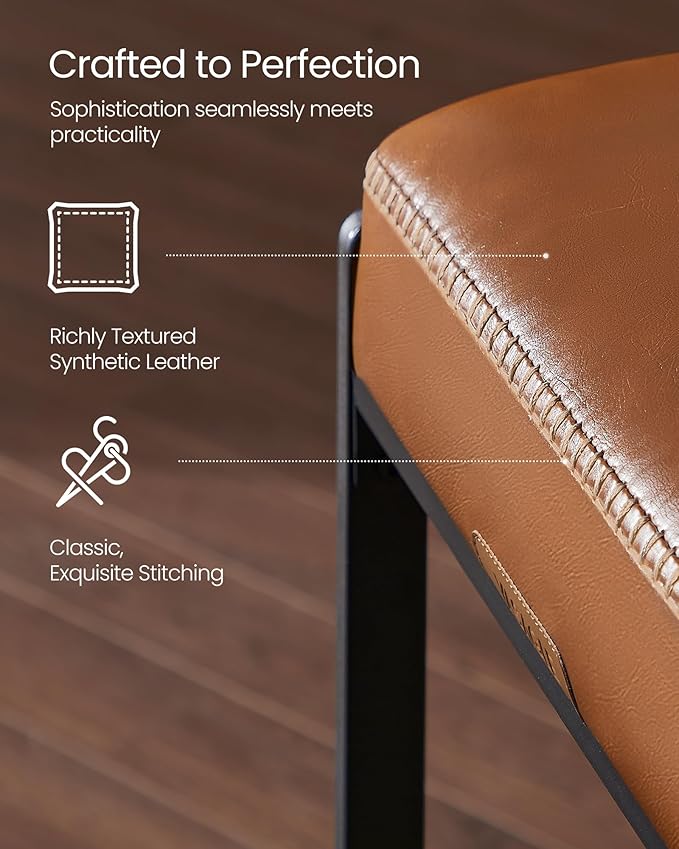 VASAGLE EKHO Collection - Bar Stools Set of 2, Counter Height Bar Stools, Synthetic Leather with Stitching, Mid-Century Modern Counter Stools, 26-Inch Tall, Kichen Home Bar Dining Room, Caramel Brown