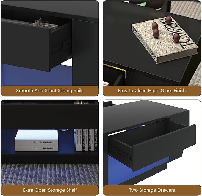 42" Black Modern Coffee Table for Living Room, High Glossy Wooden Living Room Table with Storage, Led Rectangular Coffee Tables with 2 Drawers, Wood Center Table for Reception Dinning Room