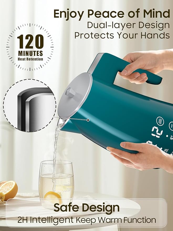 Temperature Control Electric Kettle, 5 Temp Presets, 2H Keep Warm, 1.25L 1200W Fast Boil with LED Display, Cool-Touch Design with Auto Shut-Off, Cordless Design, Ideal for Tea and Coffee（Green）