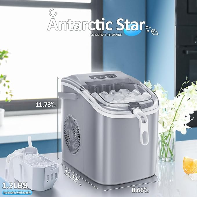 Antarctic Star Ice Maker Machine Countertop,Portable Automatic 9 Ice Cubes Ready in 8 Minutes,Makes 26 lbs of Ice per 24 Hours,Self-Clean,See-Through Lid for Home/Bar/Party (Stainless Steel)