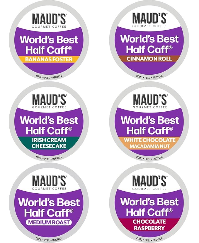 Maud's Half Caff Coffee Pods Variety Pack, 48 ct, 6 Assorted Flavors, Medium Roast Coffee in Recyclable Single Serve Pods – 100% Arabica Coffee, Compatible with Keurig K Cups Maker