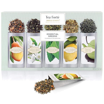 Tea Forte Green Tea Assortment Single Steeps Loose Leaf Premium Tea Gift Set Sampler, 15 Count 3 of Each Assorted Blends, Pre-Portioned Single Serve Pouches, Steeps 12 oz