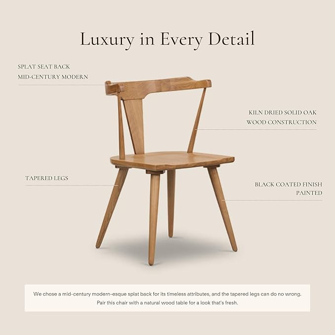 Poly & BARK Mid Century Modern Enzo Oak Dining Chair – Solid Oak Wood Splat Back Chair, 18" Seat Height, 32" Tall – Stylish MCM Kitchen & Dining Room Chair