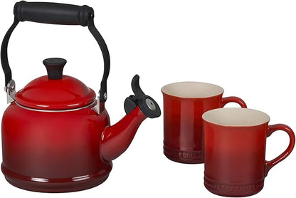 Le Creuset Enamel On Steel Demi Kettle & Stoneware Set of 2 Mugs, 1.25 qt. Kettle & (2) 14 oz. Mugs, Cerise