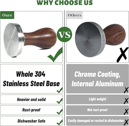 Coffee Tamper Espresso Press with Tamper Mat 304 Stainless Steel Flat Base Wooden Handle for Coffee Grounds Barista Espresso Machines Accessory (51MM)