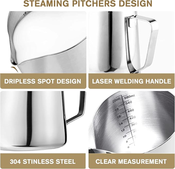 Milk Frothing Pitchers 20 oz, Stainless Steel Espresso Steaming Pitcher with Decorating Pen Coffee Milk Frother Cup with Scale Cappuccino Latte Art Barista Steam Pitchers Milk Frother Cup