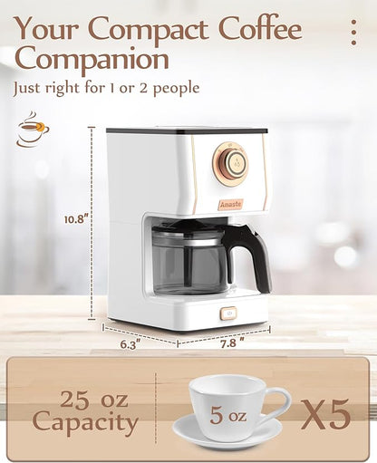 Amaste Retro Style Coffee Machine with 25 Oz Glass Coffee Pot, Reusable Coffee Filter & Three Brewing Modes, 30minute-warm-keeping, Elegant White with Rose Gold