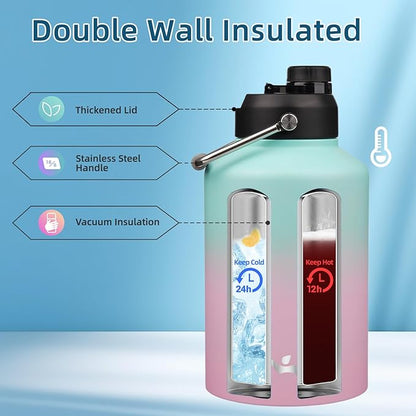 1 Gallon Jug with Handle,128 oz Insulated Water Bottle with Carrying Pouch,Double Wall Vacuum Stainless Steel Metal Bottle,Gum