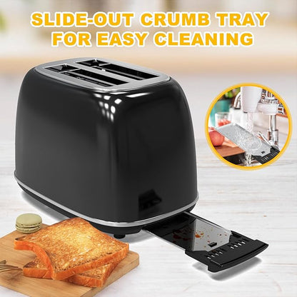 Toaster 2 slice,Retro Stainless Steel Toaster with 6 Settings, 1.5 In Extra Wide Slots, Bagel/Defrost/Cancel Function, Removable Crumb Tray (Dark)