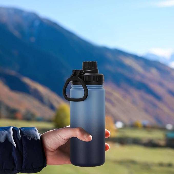 DOMICARE 16 oz Kids Water Bottle for School Stainless Steel Double Wall Vacuum Insulated Water Bottle with Straw lids & Spout Lid, Leakproof BPA Free (Blue/Navy,8)