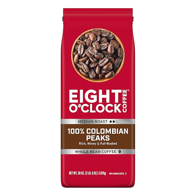 Eight O'Clock Coffee 100% Colombian Peaks Whole Bean Coffee, Medium Roast, 38 Ounce (Pack of 1) - Rich, Winey & Full Bodied