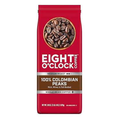 Eight O'Clock Coffee 100% Colombian Peaks Whole Bean Coffee, Medium Roast, 38 Ounce (Pack of 1) - Rich, Winey & Full Bodied