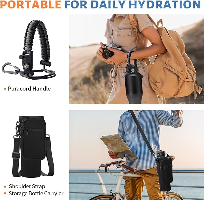 40 oz Insulated Water Bottle Fit in Car Cup Holder - 40oz Metal Water Bottle with Straw & Auto Spout Lids, Paracord Handle, Carrier Bag & Water Flask Boot, Travel Tumbler Cup Keep Cold-48h Hot-24h