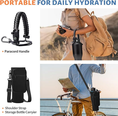 40 oz Insulated Water Bottle Fit in Car Cup Holder - 40oz Metal Water Bottle with Straw & Auto Spout Lids, Paracord Handle, Carrier Bag & Water Flask Boot, Travel Tumbler Cup Keep Cold-48h Hot-24h