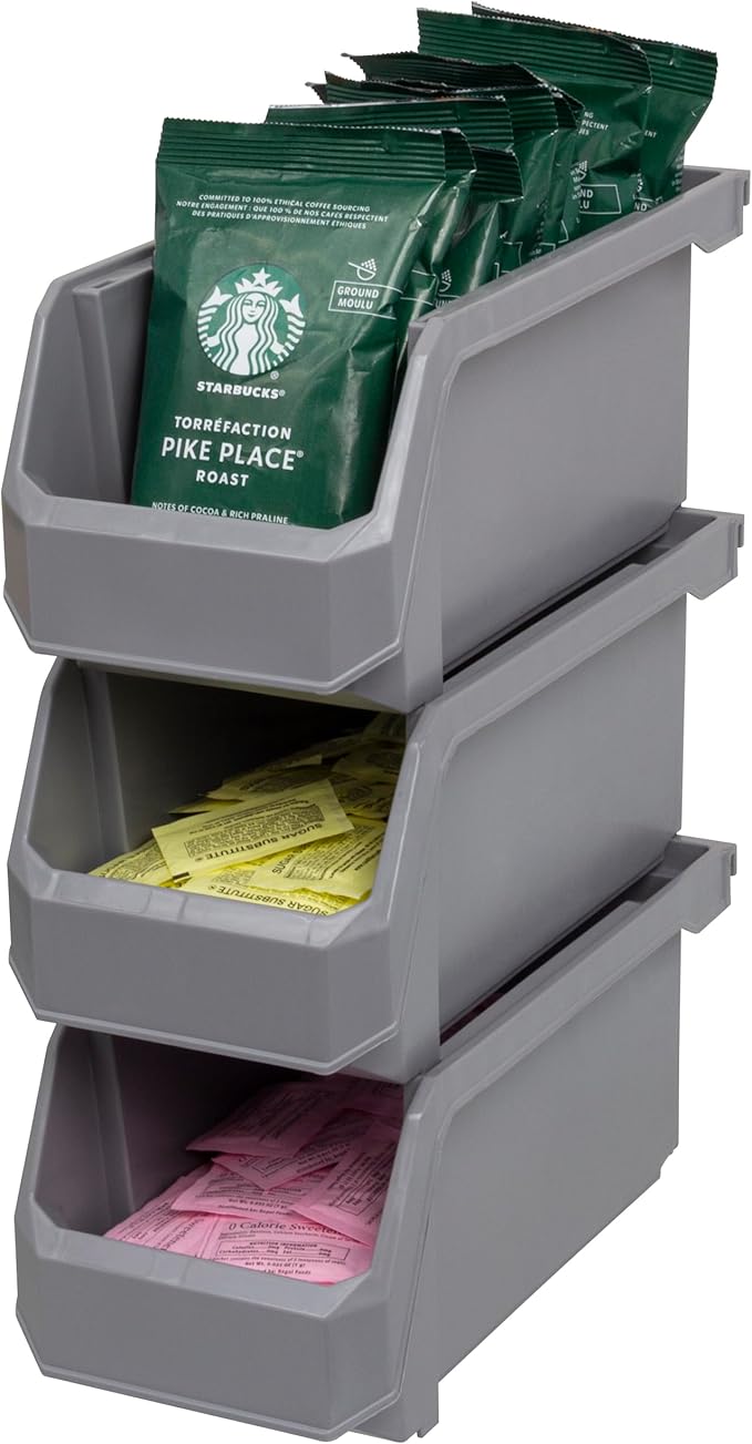 Plastic Containers for Organizing and Storage Bins for Closet, Kitchen, Office, Garage or Pantry Organization, Stackable Bins, Medium (11" x 5" x 5.5"), 8-Pack, Grey