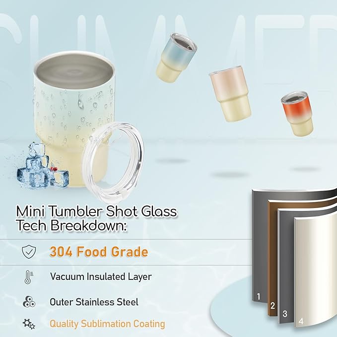 6 Pack 3 oz Sublimation Mini Tumbler Shot Glass with Straw and Lid, Gradient Color Insulated Stainless Steel Mini Tumblers Cups for Beach Birthday Wedding Parties, DIY Customizable Party Gift