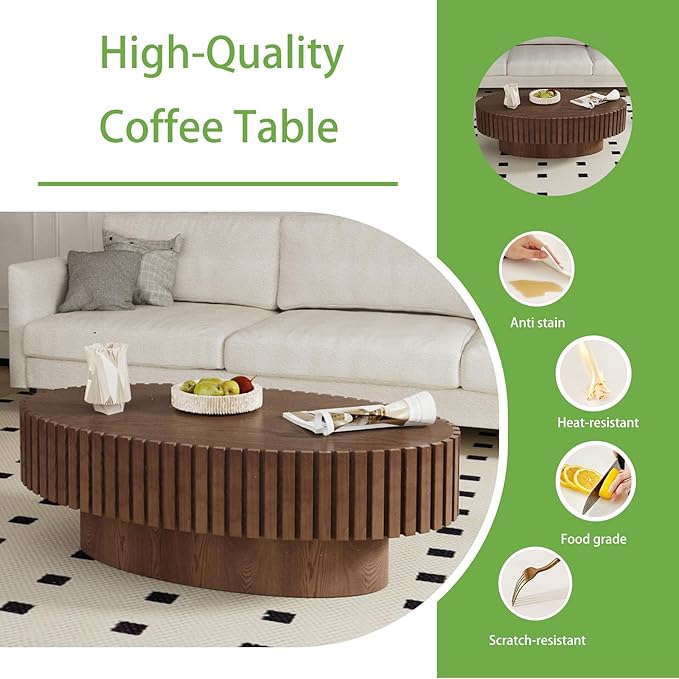 Handmade Wood Oval Coffee Table - Contemporary Style for Living Room, Pedestal Design & Easy Assembly (Walnut)