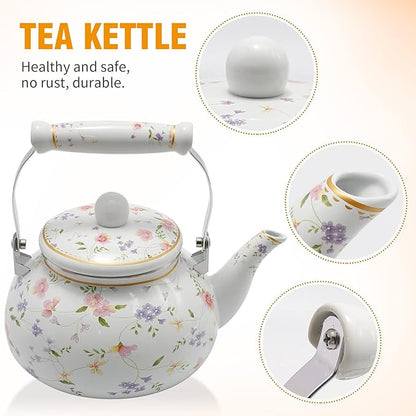 Enamel Teakettle Floral Teapot for Stovetop, 2.5L Large Green Floral Tea Kettle with Ceramic Handel Turkish Style(Green Rose)