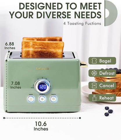 2 Slice Toaster, Retro Bread Toaster with LED Display, Extra Wide Slots Toasters with 6 Bread Shade Settings, Bagel, Cancel, Defrost Function, Stainless Steel with High Lift Lever, Removal Crumb Tray