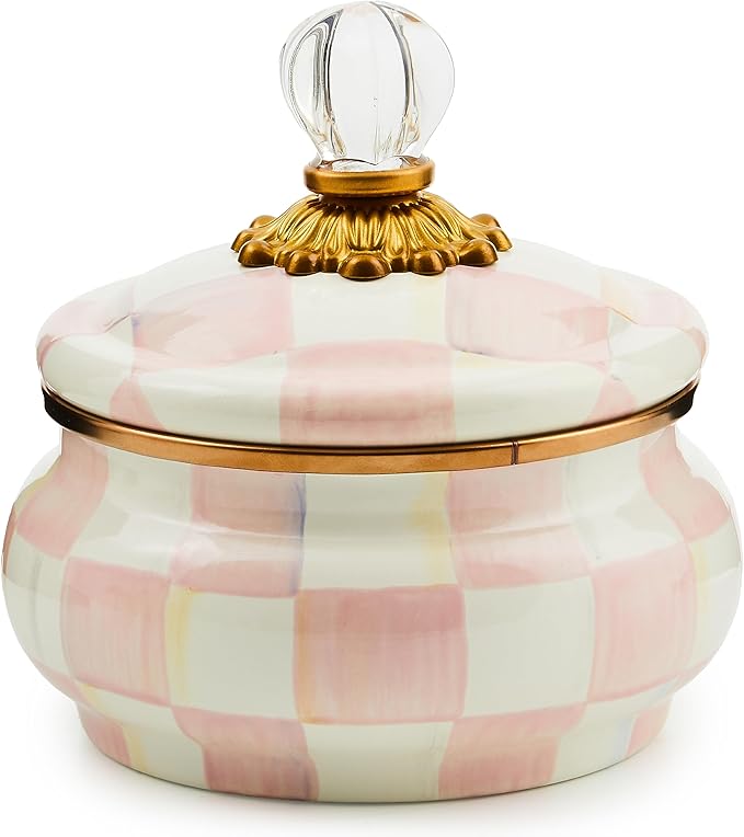 MACKENZIE-CHILDS Enamel Squashed Pot, Cute Enameled Container with Lid, 20 Ounces, Pink-and-White Rosy Check