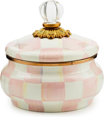 MACKENZIE-CHILDS Enamel Squashed Pot, Cute Enameled Container with Lid, 20 Ounces, Pink-and-White Rosy Check