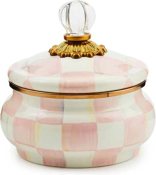MACKENZIE-CHILDS Enamel Squashed Pot, Cute Enameled Container with Lid, 20 Ounces, Pink-and-White Rosy Check