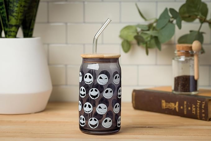 Silver Buffalo Disney Tim Burton Nightmare Before Christmas Jack Skellington Expressions Gray Glass Jar Tumbler with Bamboo Lid and Glass Straw, 16 Ounces