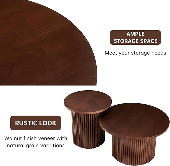 NORDICANA Nesting Round Coffee Table Set of 2, Boho 2 Piece Side Table End Table Set for Living Room Bedroom, Manufactured Wood Top with Walnut Veneer
