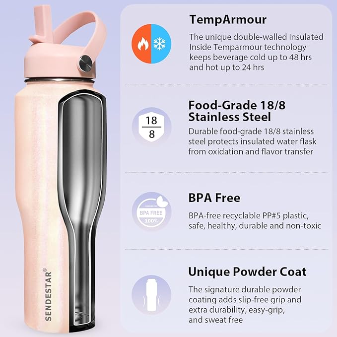 SENDESTAR 40oz Stainless Steel Water Bottle(Cold for 48 Hrs, Hot for 24 Hrs),Double Wall Vacuum Insulated Bottle with Straw Lid, Spout Lid and Flex Cap, Fit in Any Car Cup Holder TXIN-40-Laser Pink