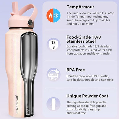 SENDESTAR 40oz Stainless Steel Water Bottle(Cold for 48 Hrs, Hot for 24 Hrs),Double Wall Vacuum Insulated Bottle with Straw Lid, Spout Lid and Flex Cap, Fit in Any Car Cup Holder TXIN-40-Laser Pink