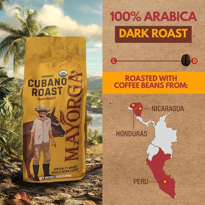 Mayorga Dark Roast Coffee 5lb bag Cubano Roast 100% Arabica Café Whole Coffee Beans - Smoothest Organic Coffee - Specialty Grade, Non-GMO, Direct Trade
