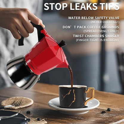 Stovetop Espresso Maker, 6Cup Moka Pot, Espresso Machine Compatible with Induction Cooktops, 300ml Stainless Steel & Aluminum Cuban Coffee Maker for Cafetera Cubana, Red
