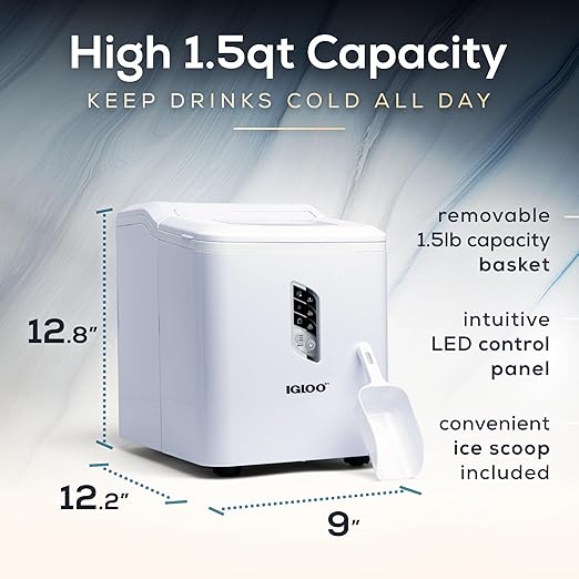 Igloo Automatic Portable Electric Countertop Ice Maker Machine, 26 Pounds in 24 Hours, 9 Cubes Ready in 7 Minutes, with Scoop and Basket, Perfect for Water Bottles, Mixed Drinks, Parties, White