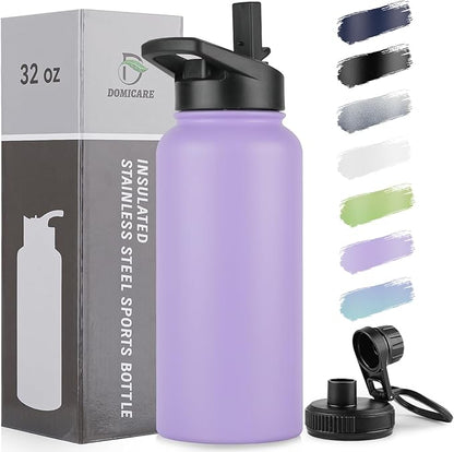 DOMICARE 32 oz Insulated Water Bottle, Vacuum Insulated Stainless Steel Sports Water Bottle with Straw Lid & Spout Lid, Leakproof, Reusable - Travel, Camping, Bike, Purple
