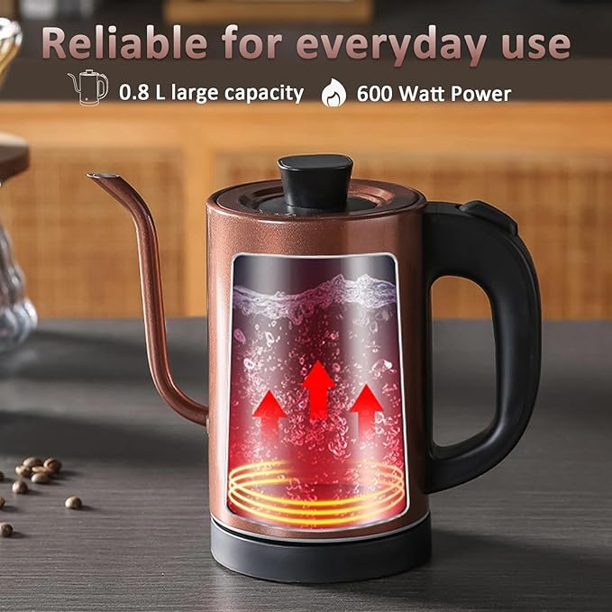 Gooseneck Electric Kettle 0.8L, 304 Stainless Steel (BPA-Free), 600W Fast Heating, Compact Copper Design with One-Touch Button & Auto Shut-Off, Perfect for Home, Office & Coffee/Tea Lovers