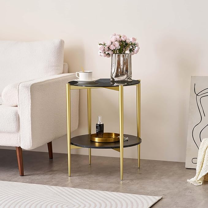 Round Glass End Table, Mid-Century Modern Design Sofa Table for Living Room, D18 x H23 in, 2-Tier Structure, Grey Glass Top and Black Marble Shelf, Sleek Conical Legs with Gold Finish Frame