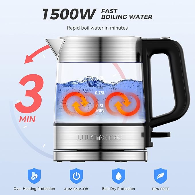 LUUKMONDE Electric Kettle, 1L 1500W, Small Glass Tea Kettle, Hot Water Boiler with LED Indicator, Cordless Water Heater Kettle, BPA-Free, Fast Boiling, Auto Shut-Off, Boil-Dry Protection