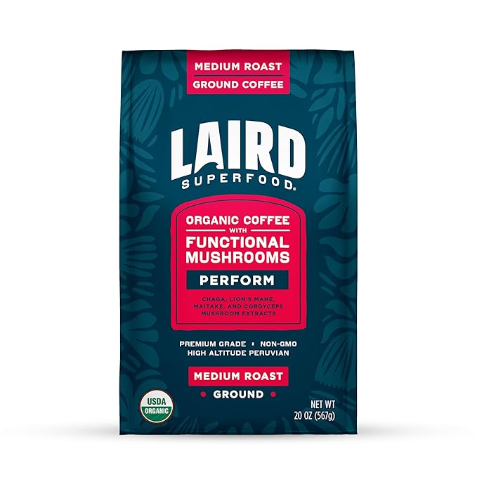 Laird Superfood Peruvian Medium Roast Coffee with Functional Mushrooms, Certified Organic Peruvian Ground Coffee Beans, Gluten-Free, Dairy-Free, Non-GMO, Paleo, Keto Friendly, 20 oz. Bag