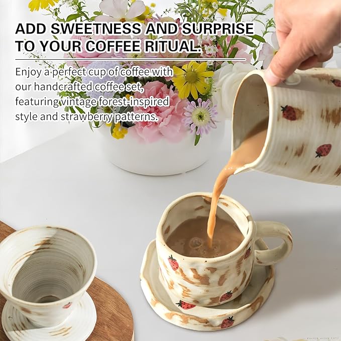 Handcrafted Pour Over Coffee Maker Set with Coffee Cup with Strawberry Pattern 20 Count Paper Filter V60 Drip Coffee Maker 20 oz Coffee Dripper (Strawberry)