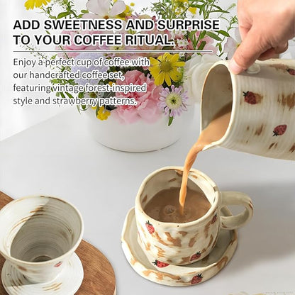 Handcrafted Pour Over Coffee Maker Set with Coffee Cup with Strawberry Pattern 20 Count Paper Filter V60 Drip Coffee Maker 20 oz Coffee Dripper (Strawberry)