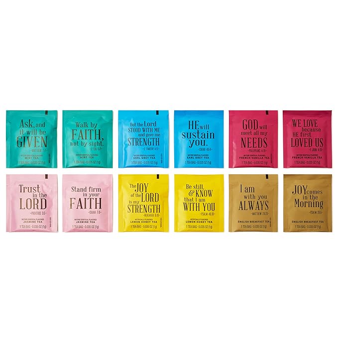Thoughtfully Gourmet, Tea Affirmations Christian Prayer Gift Set, Includes 6 Flavours of Tea with Bible Verses from Psalms and Other Books to Rejoice, Pack of 90