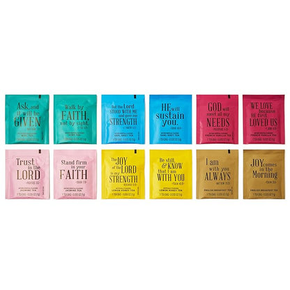 Thoughtfully Gourmet, Tea Affirmations Christian Prayer Gift Set, Includes 6 Flavours of Tea with Bible Verses from Psalms and Other Books to Rejoice, Pack of 90