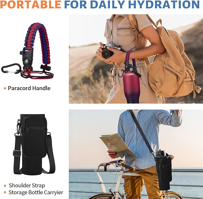 Insulated Water Bottle 40 oz - Fits in any Car Cup Holder, Keep Cold 48H Hot 24H, Stainless Steel Waterbottle Double Wall Flask with Straw, Pop-up Spout Lid, Paracord Handle, Carrier Bag