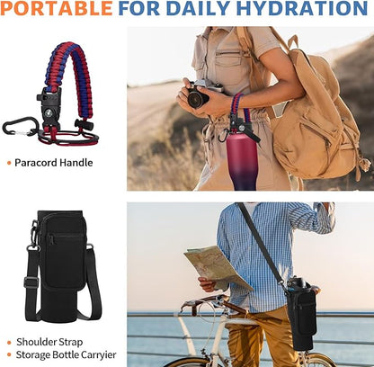 Insulated Water Bottle 40 oz - Fits in any Car Cup Holder, Keep Cold 48H Hot 24H, Stainless Steel Waterbottle Double Wall Flask with Straw, Pop-up Spout Lid, Paracord Handle, Carrier Bag