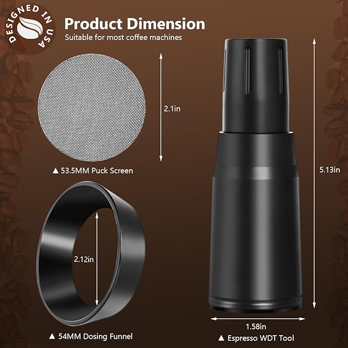 WDT Tool Espresso Distributor Accessory kit &1.7mm Thickness 150μm Mesh Puck Screen & 8 Magnets dosing ring Compatible with Breville Portafilter (WDT +54MM Black dosing ring&puck screen)