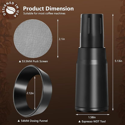 WDT Tool Espresso Distributor Accessory kit &1.7mm Thickness 150μm Mesh Puck Screen & 8 Magnets dosing ring Compatible with Breville Portafilter (WDT +54MM Black dosing ring&puck screen)