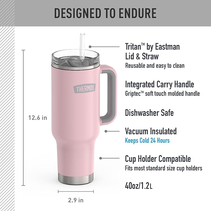 THERMOS Stainless Steel Cup Holder Mug - 40 Ounce, Sunset Pink - Insulated Tumbler with Lid and Straw, Plus Leak-Resistant Slide Lock
