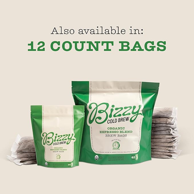 Bizzy Organic Cold Brew Coffee | Espresso Blend | Coarse Ground Coffee | Medium-Dark Roast | Micro Sifted | Specialty Grade | 100% Arabica | Brew Bags | 4 Count | Makes 14 Cups